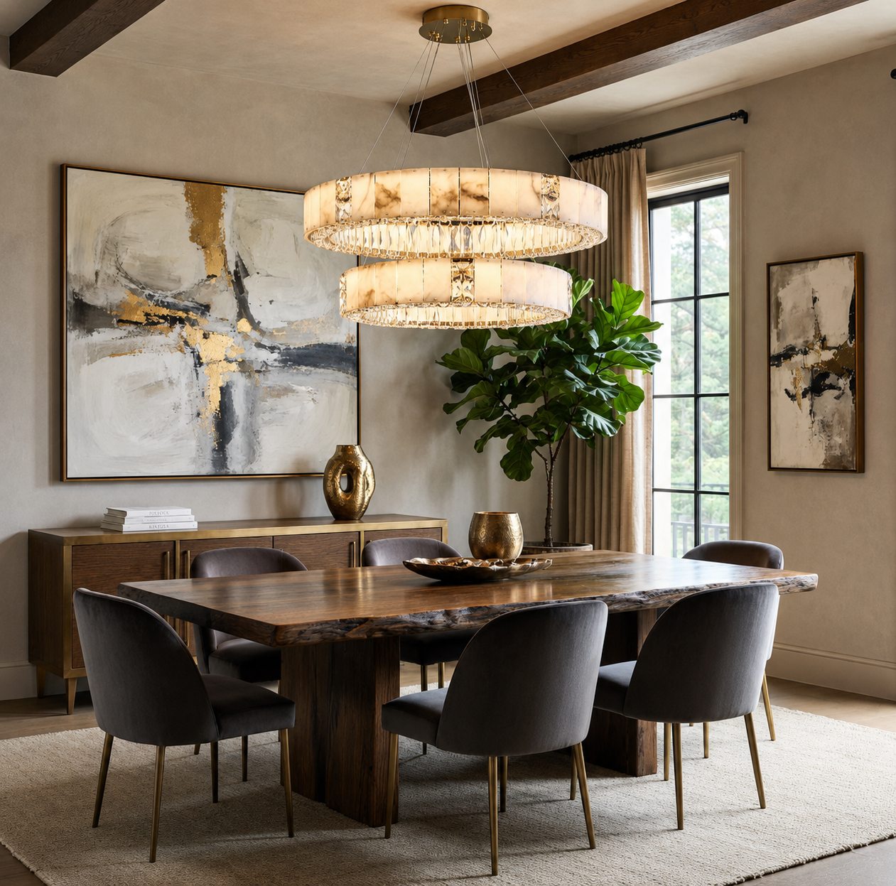 Modern Marble & K9 Crystal LED Ring Gold Chandelier