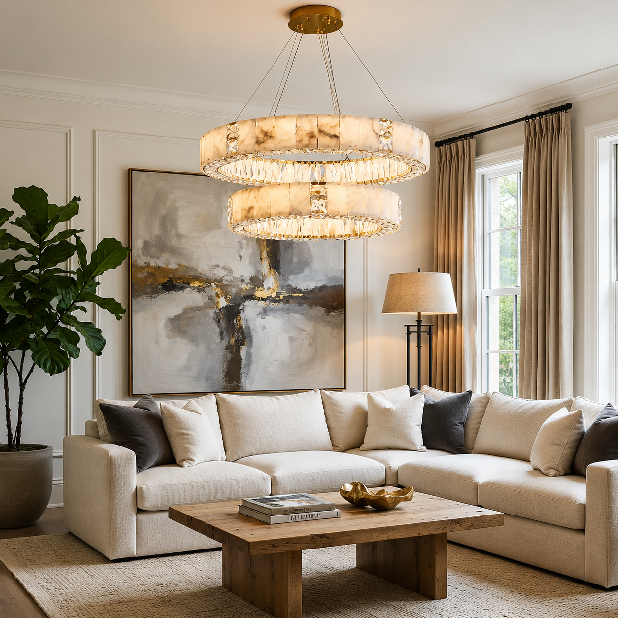 Modern Marble & K9 Crystal LED Ring Gold Chandelier