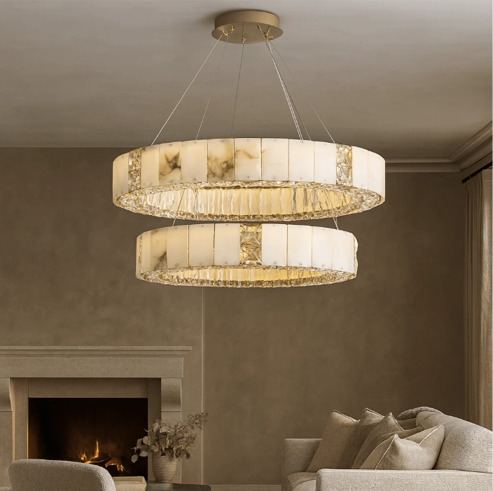 Modern Marble & K9 Crystal LED Ring Gold Chandelier