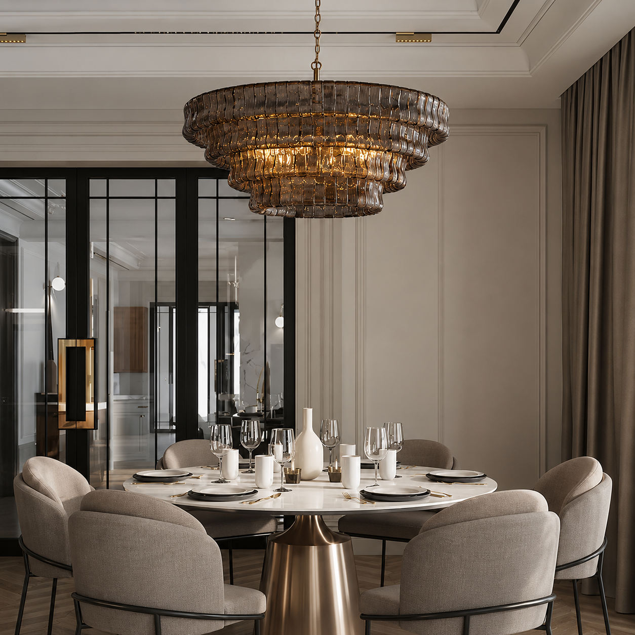 Noiré French-Inspired Luxury Smoked Glass Chandelier for Dining Room & Living Room