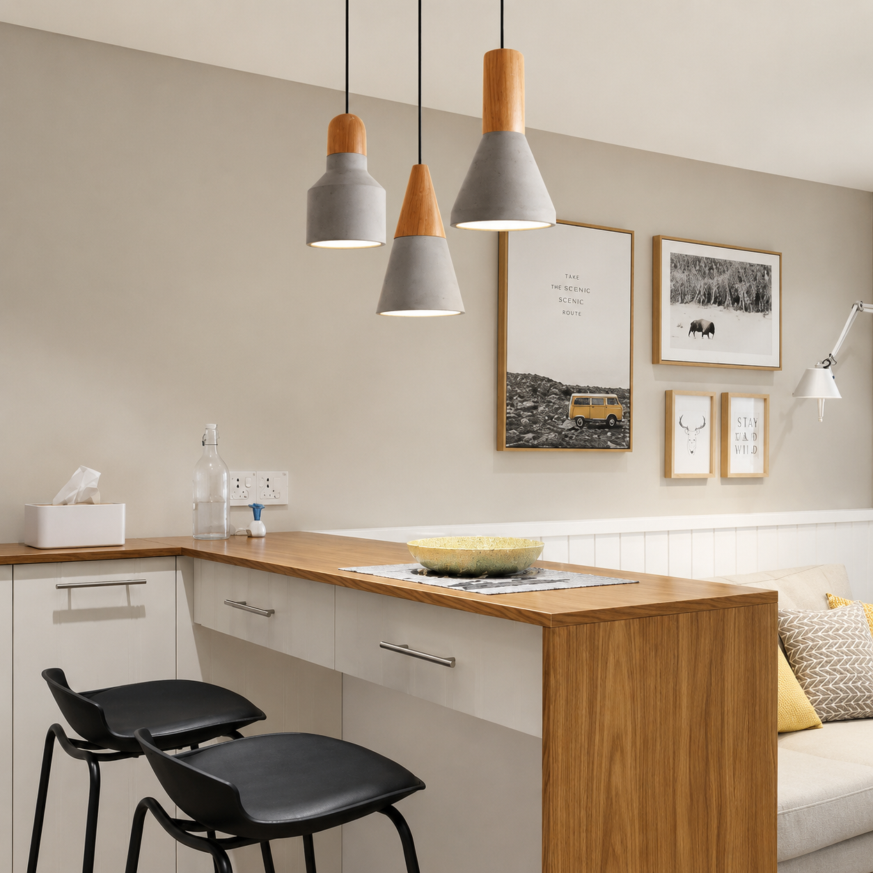 Nordelle Scandinavian Cement Pendant Light – Modern Concrete & Wood Kitchen Island Hanging Light