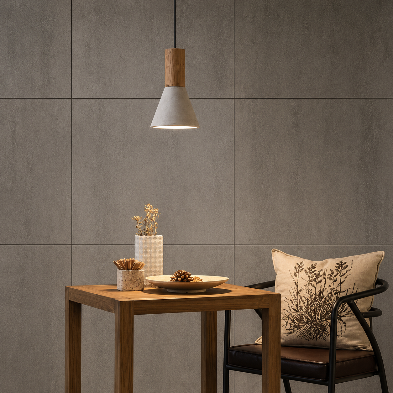 Nordelle Scandinavian Cement Pendant Light – Modern Concrete & Wood Kitchen Island Hanging Light