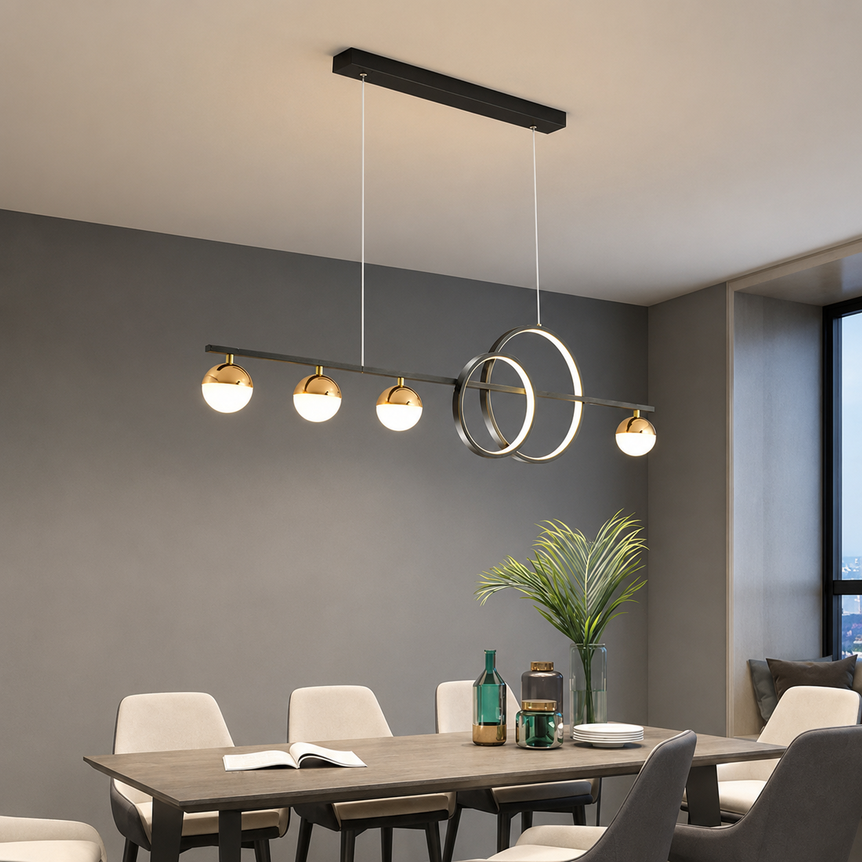 Orbella Modern Linear Ring Pendant Chandelier with Glass Globe Lights
