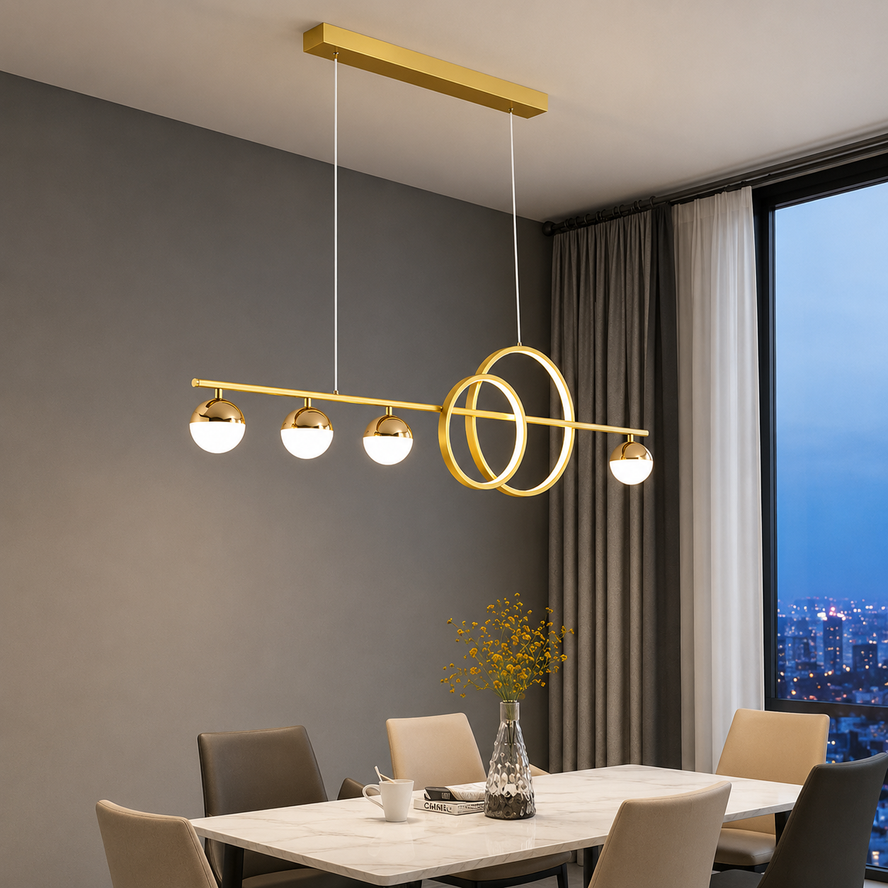 Orbella Modern Linear Ring Pendant Chandelier with Glass Globe Lights
