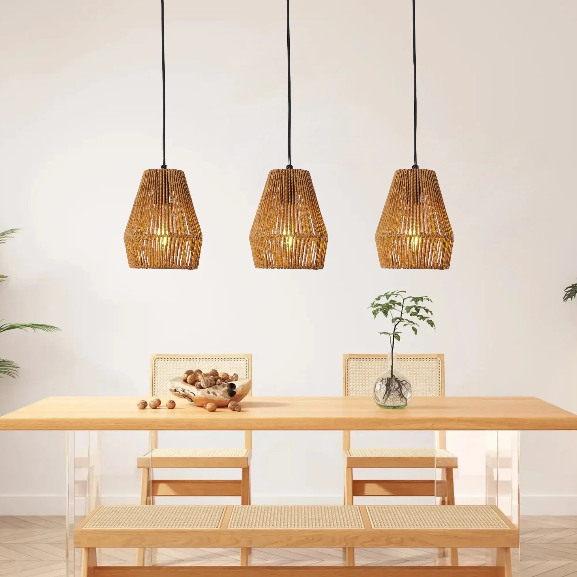 Sorella Modern Woven Rattan Pendant Light – Luxury 3-Light Kitchen Island Fixture