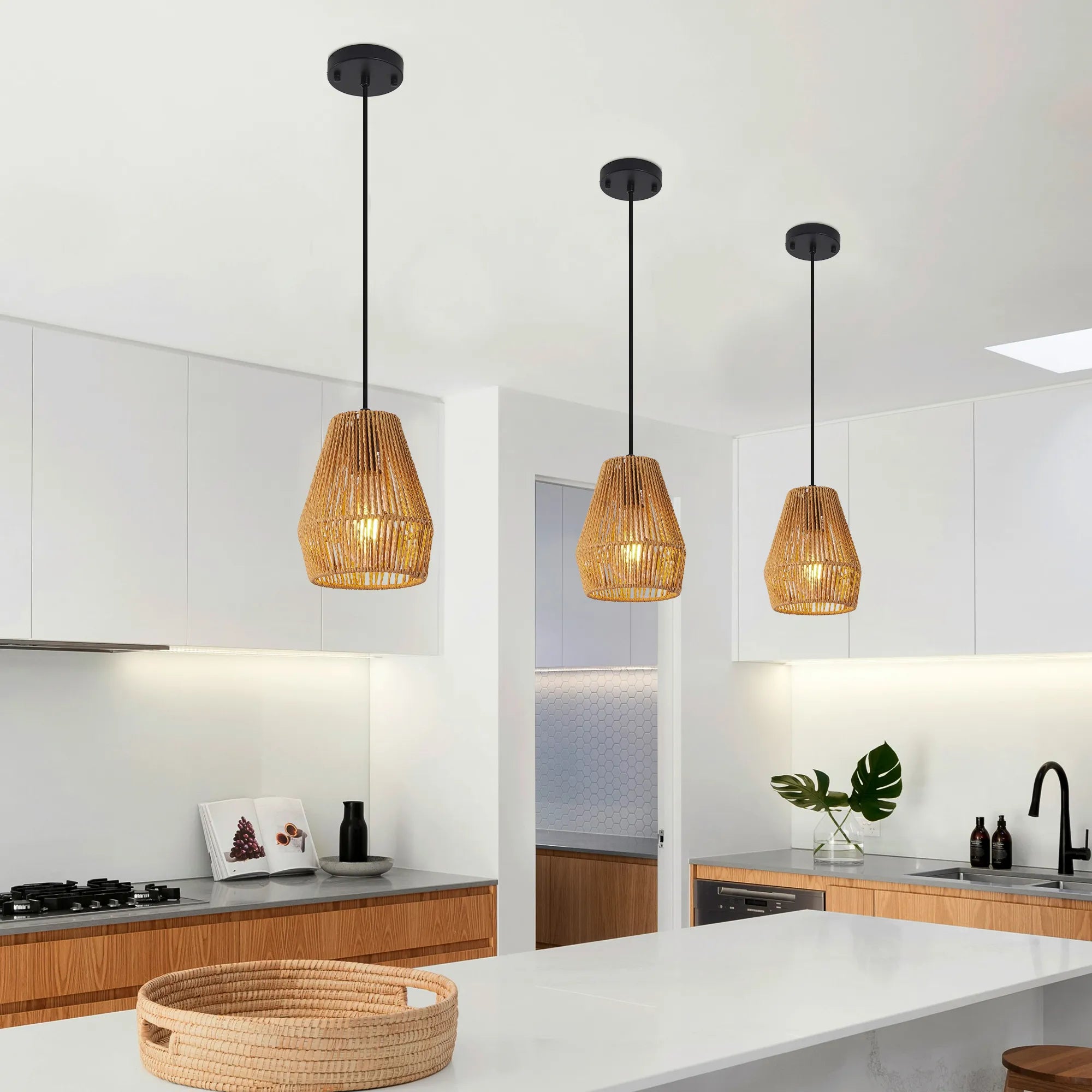 Sorella Modern Woven Rattan Pendant Light – Luxury 3-Light Kitchen Island Fixture
