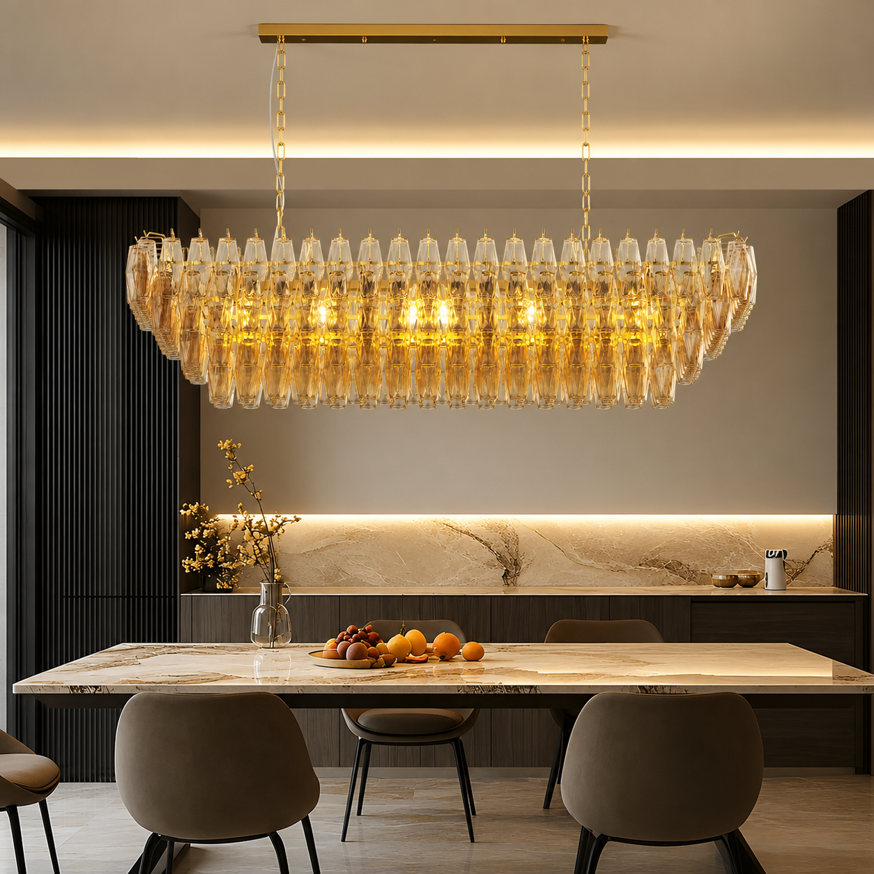 Valtressa Rectangular Amber Glass Chandelier - Luxury Linear Gold Dining Room Light