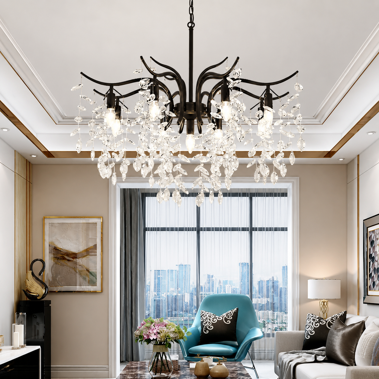 Veralune Branch Crystal Chandelier Modern Black & Gold Lighting