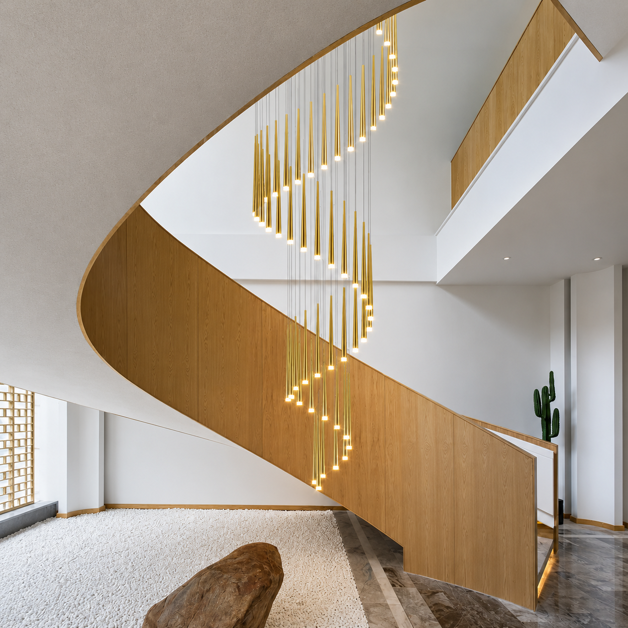 Vortéra Luxury Spiral Staircase Chandelier – Modern Gold LED High Ceiling Foyer Pendant Light
