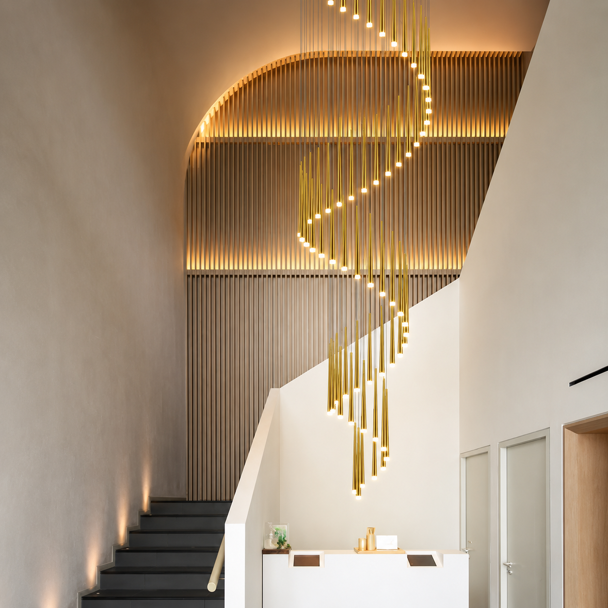 Vortéra Luxury Spiral Staircase Chandelier – Modern Gold LED High Ceiling Foyer Pendant Light