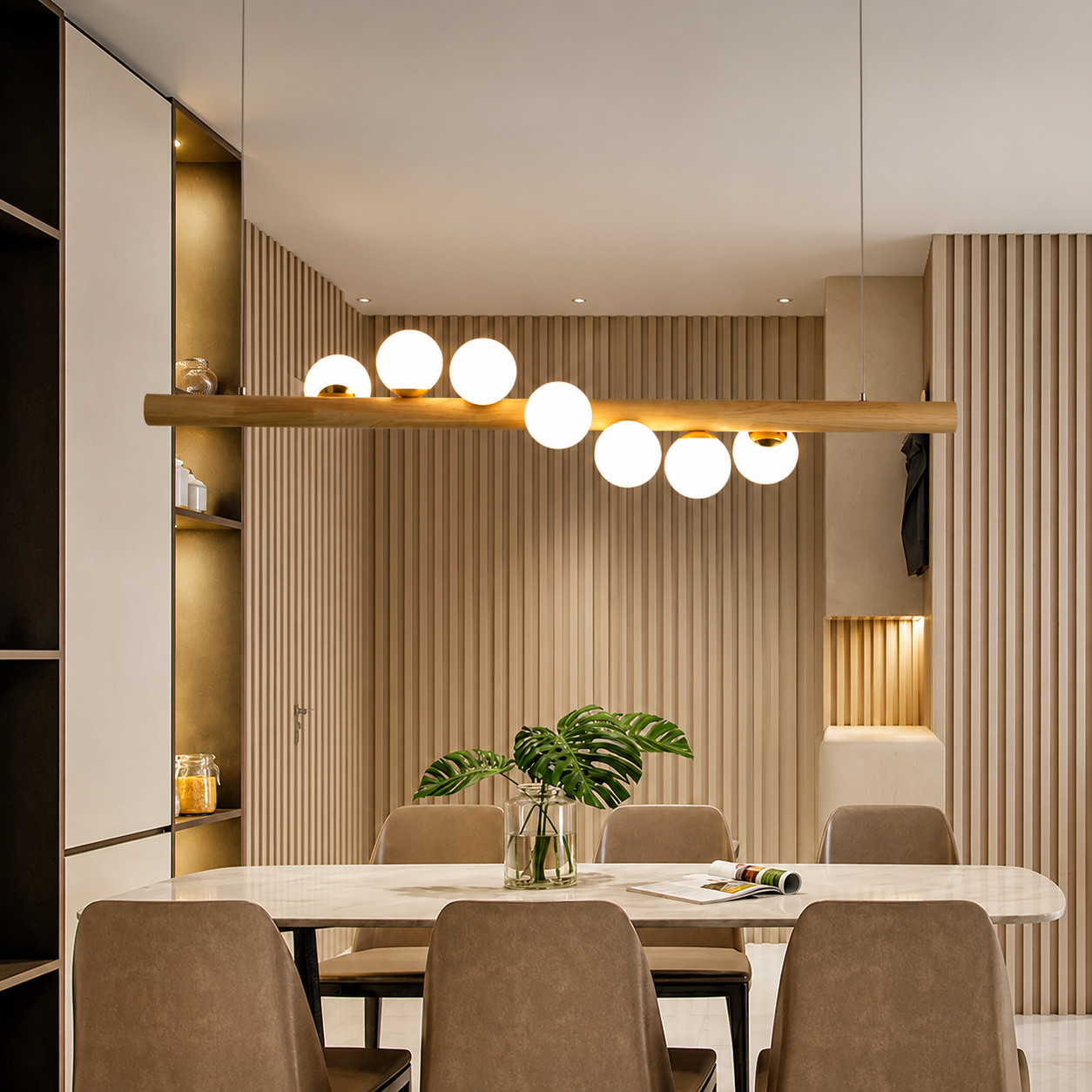 WoodAura Modern Linear Wood Log Chandelier – Kitchen Island & Dining Room Pendant Light