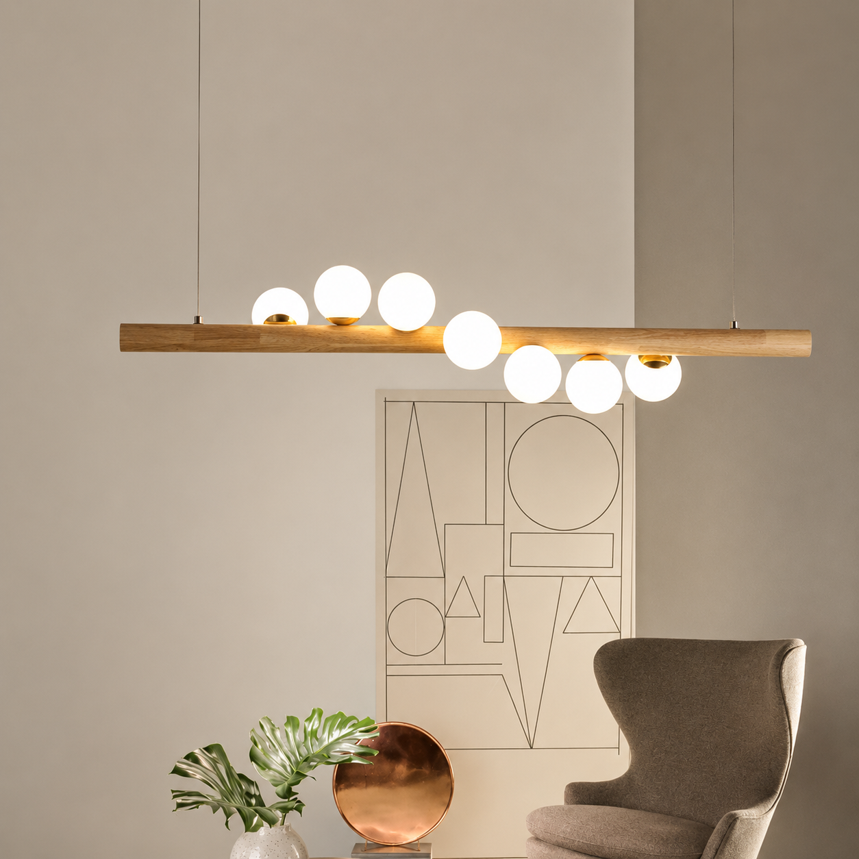 WoodAura Modern Linear Wood Log Chandelier – Kitchen Island & Dining Room Pendant Light