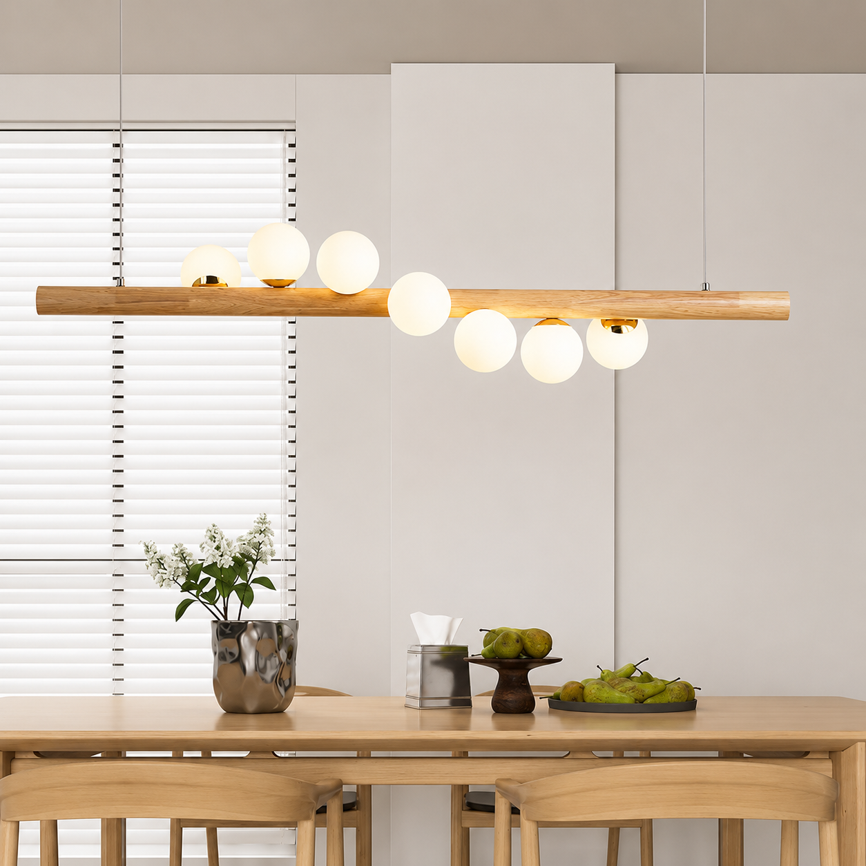 WoodAura Modern Linear Wood Log Chandelier – Kitchen Island & Dining Room Pendant Light